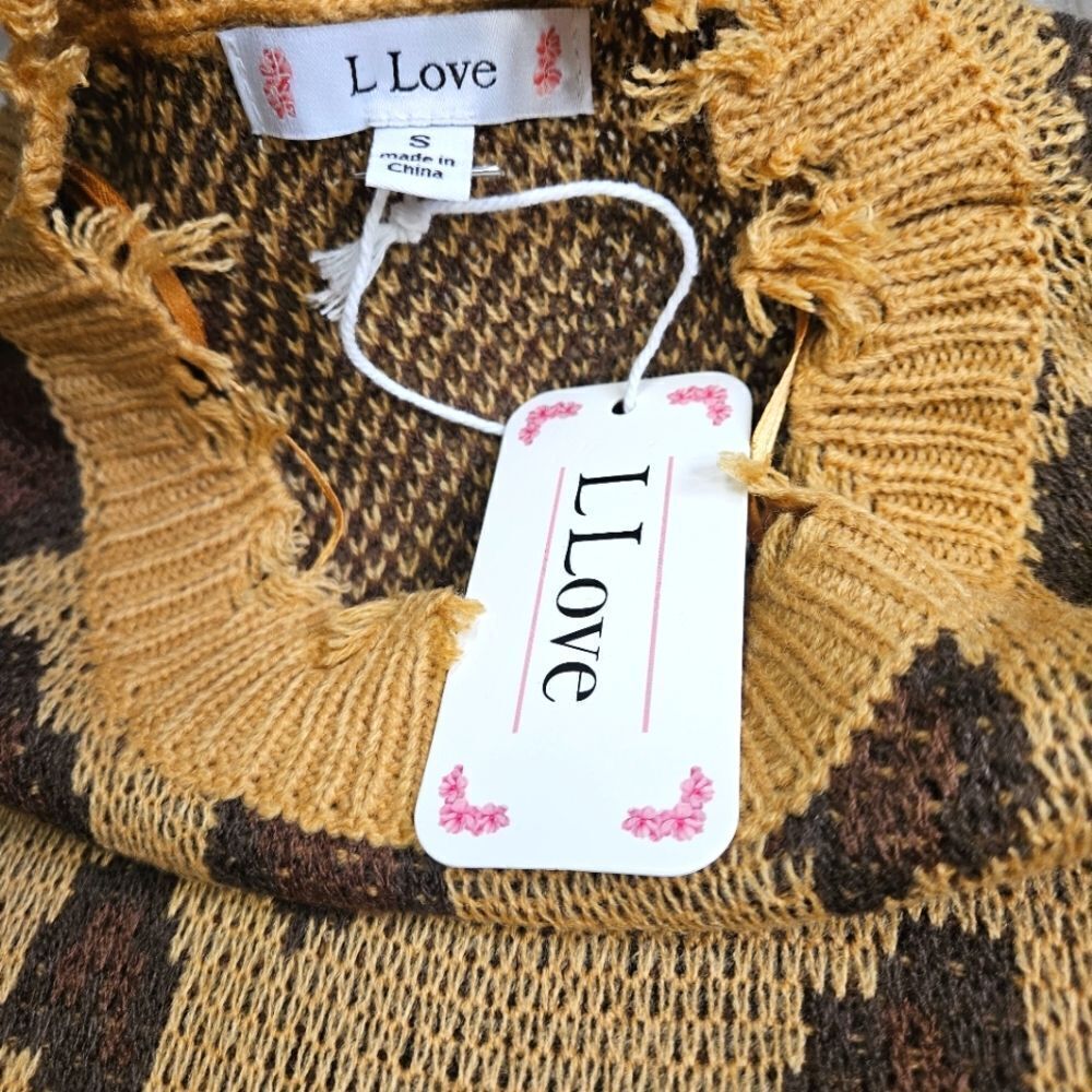 L love Leopard Print Distressed Frayed Oversized Crewneck Sweater Women's Small - Picture 6 of 9